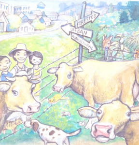 An illustration of cows in a field with people looking on from a fence