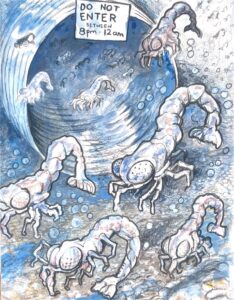 Cover illustration for Swimming Upstream. Includes shrimp in water.