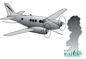 A graphic of a plane flying into a smokey area