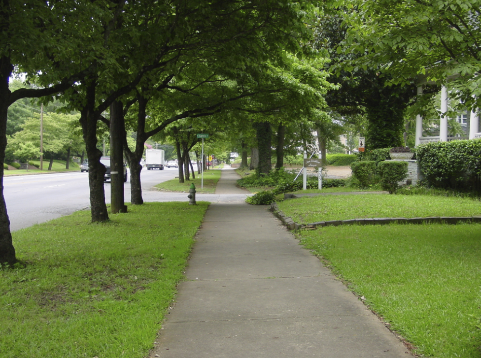 A sidewalk with trees around it