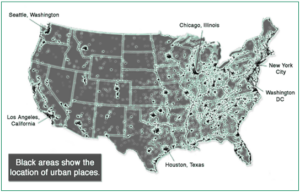 A map of the U.S. showing the location of urban places
