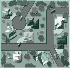 A graphic showing a birds eye view of a neighborhood area with streets, houses, cars, and trees.