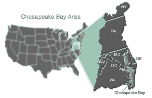 A map of the U.S. highlighting the Chesapeake Bay area