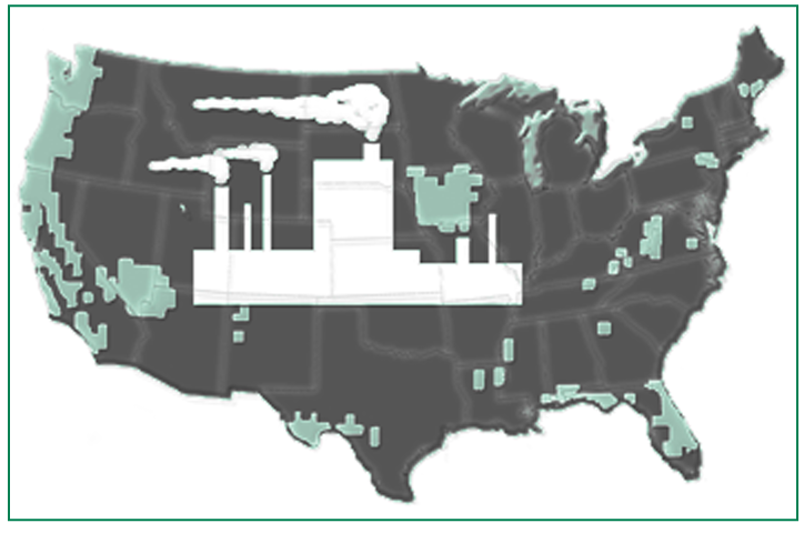 A map of the U.S. showing areas of the United States where there is likely to be the greatest increase in environmental stress by the year 2020.