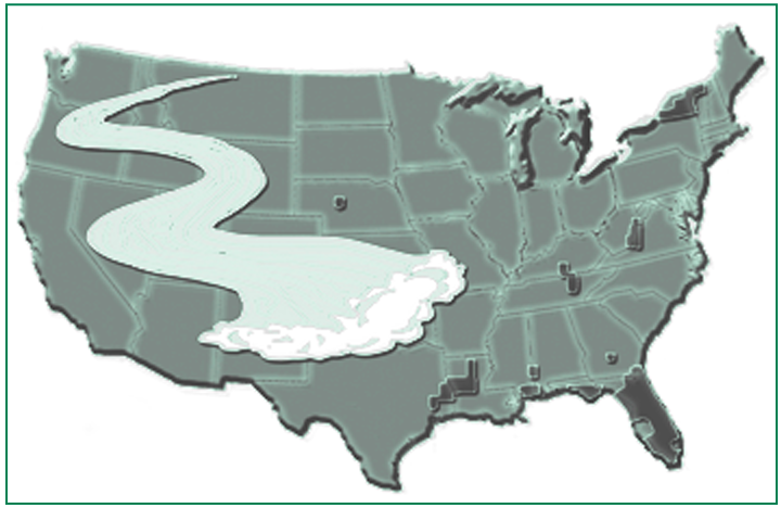A map of the U.S. showing the places that will have a decrease in stream flow by the year 2020.