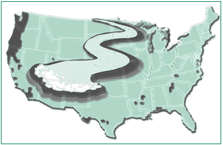 A map of the U.S. showing the areas where there will be an increase in sediment discharge in 2020.
