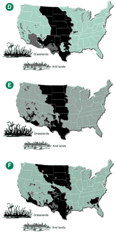 Maps of the U.S. with current location of the vegetation types across 48 states and the different possible future climates.