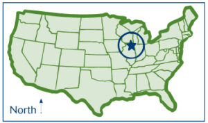 Map of the U.S. with a star and circle on Chicago, Illinois.