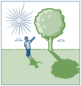 Graphic of a person pointing at a tree with the sun high in the shy creating a shadow from the tree