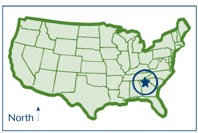 Map of the U.S. highlighting Athens in the state of Georgia