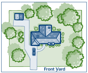 A graphic of a house surrounded by trees