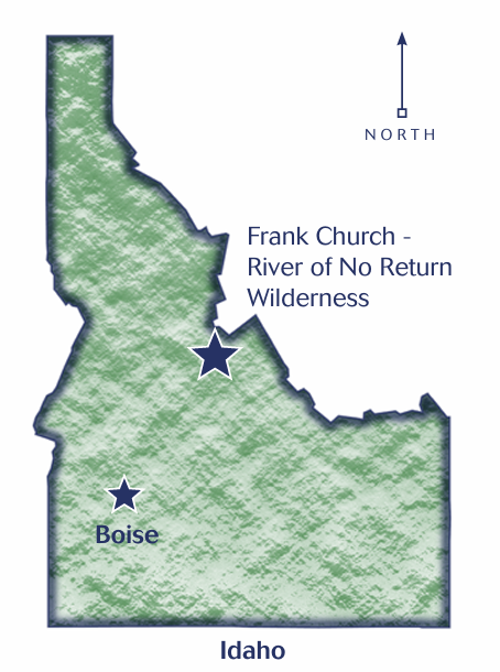 Map of Idaho with Boise and the Frank Church River of No Return Wilderness area highlighted with a star
