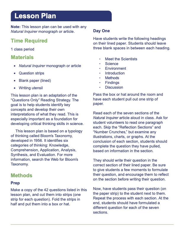 Lesson Plan - Questions Only - Natural Inquirer