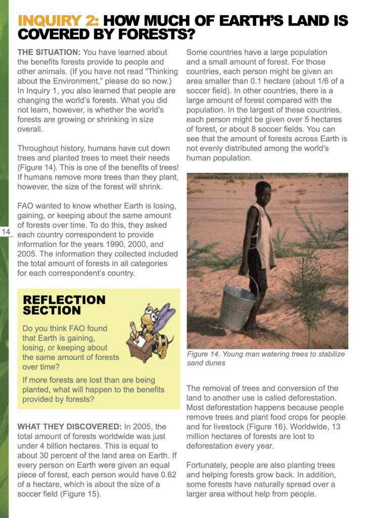 First page of Inquiry 2, with the title 'How much of Earth's Land is Covered by Forests?'. On the right hand side is a photo of ayoung man watering trees to stabilize sand dune.