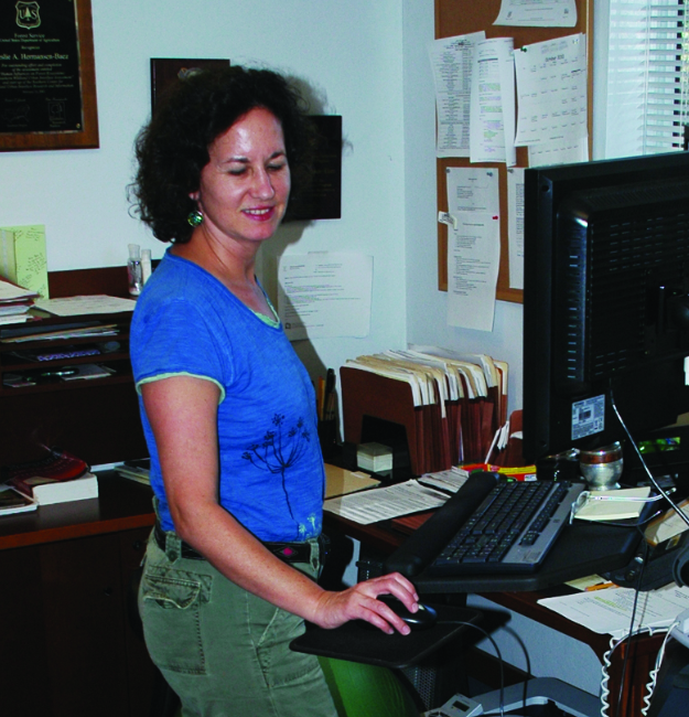 Annie Hermansen Baez working at her computer.