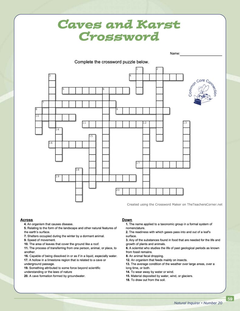 Crossword Caves and Karst Natural Inquirer