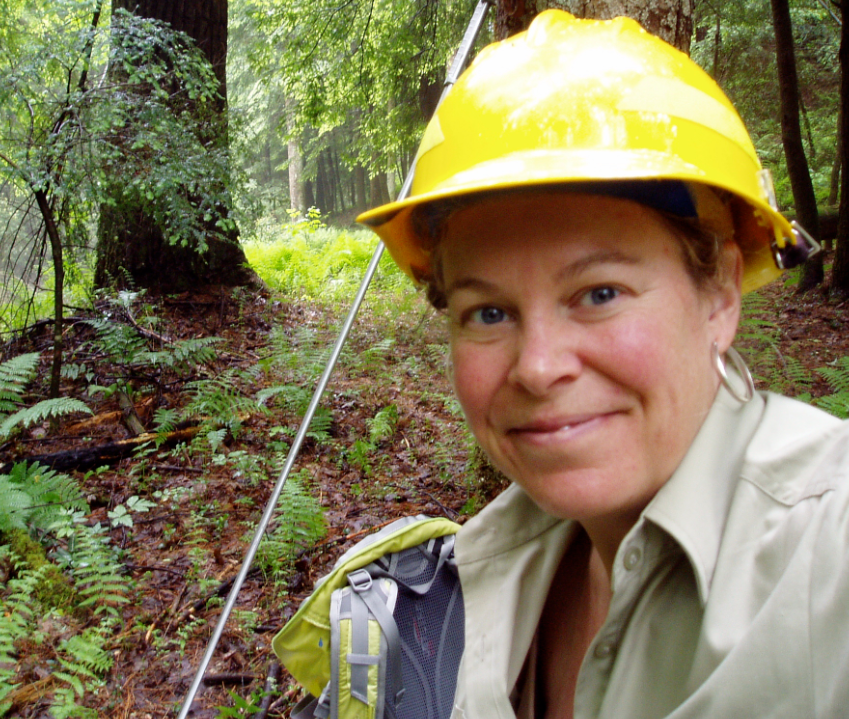 Claudia Cotton wears a yellow hard hat in a forest.