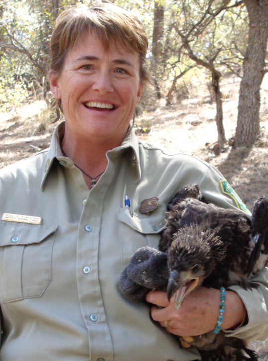 Noel Fletcher holds a bald eagle fledgling.