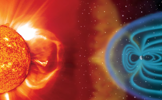 An illustration of radiation from the sun and space impacting a planet