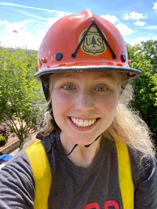 Emilee Poole in a red hard hat and yellow harness above the tree line