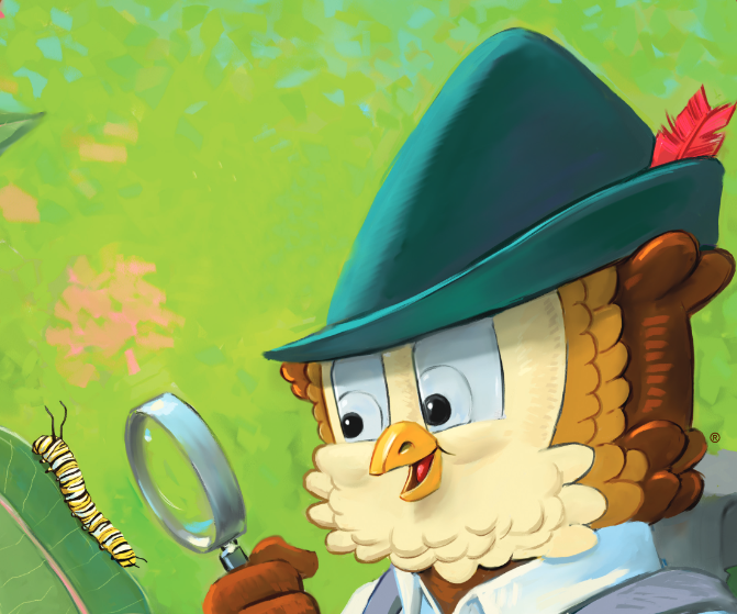 An illustrate Woodsy owl holding a magnifying glass and looking at a caterpillar