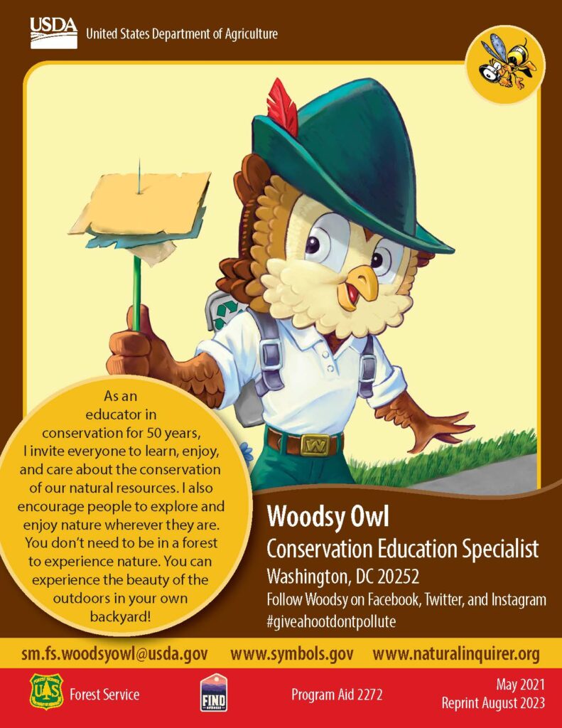 PDF preview of the Woodsy Owl card for general audiences featuring Woodsy picking up trash with a spike.