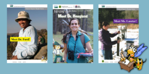 A graphic featuring the cover of Meet Dr. Ford, Meet Dr. Hoagland, and Meet Ms. Laseter. Also features a small cartoon bee writing oat a desk.