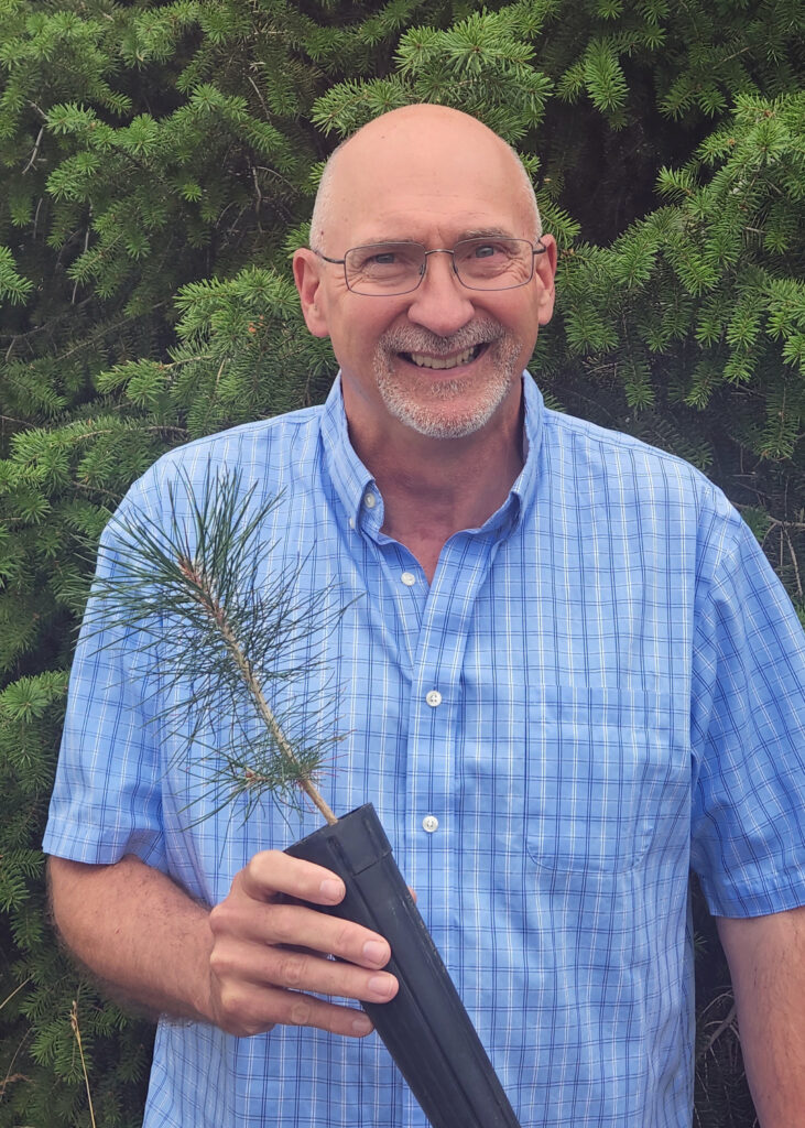 Kas Dumroese holding up a tree sapling