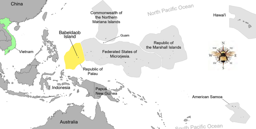 A map showing many of the Pacific islands. Vietnam is highlighted in green, and the Republic of Palau is highlighted in yellow.