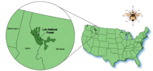A map of the U.S. highlighting Lola National Forest