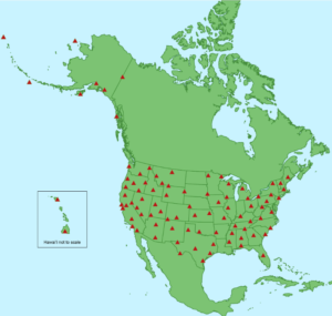 A map of the U.S. with triangles where every seismic station is. 