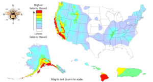 An illustration of a U.S. map showing seismic activity