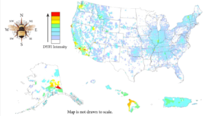 An illustration of a U.S. map with highlighted areas with seismic activity 