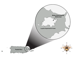 A map of puerto Rico highlighting the Luquillo experimental forest.