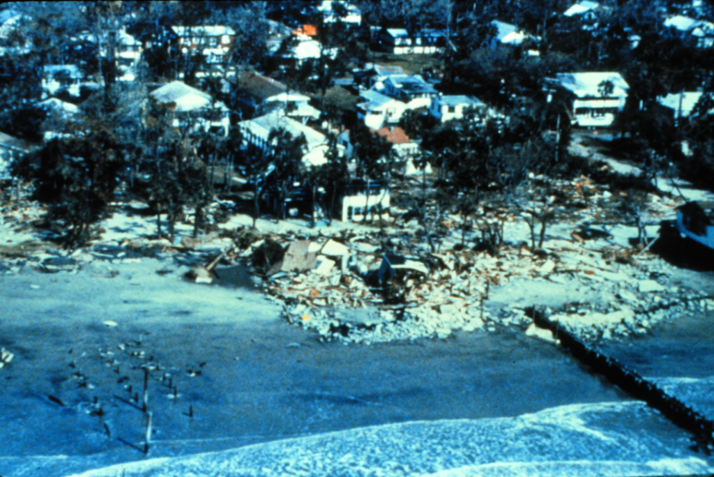 Destroyed buildings on a beach front property destroyed after a hurricane
