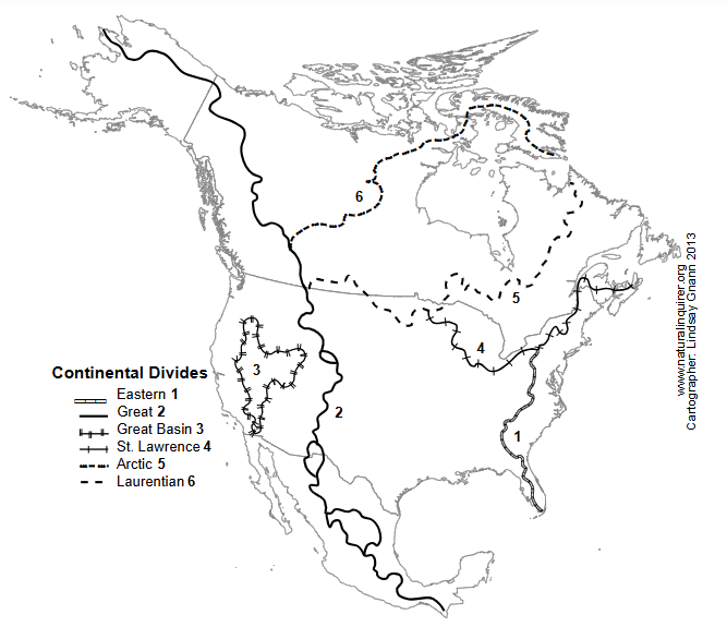 A map of North America showing the Great Continental Divide