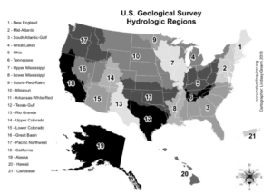 A map of the United States showing the different hydrologic regions