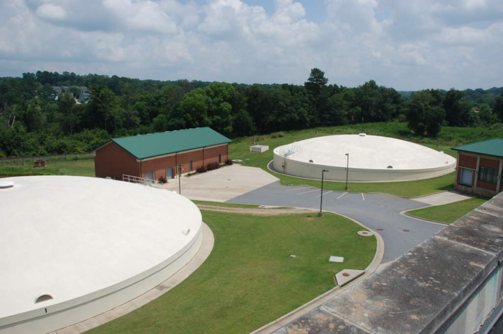 An aerial view of a water treatment facility