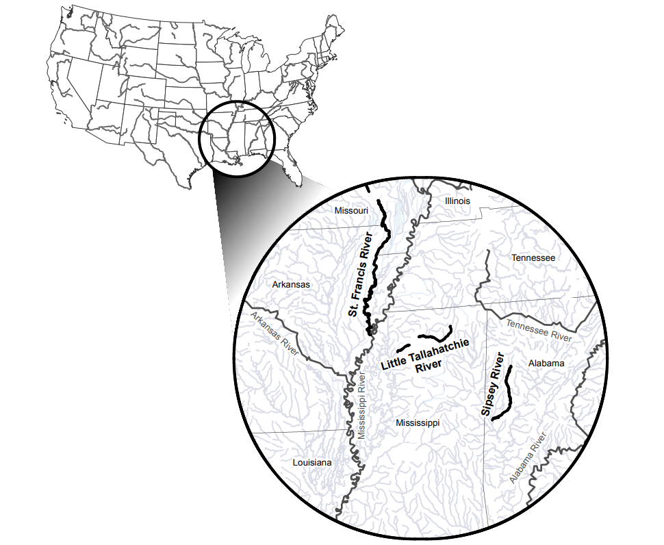 A map showing the Little Tallahatchie River