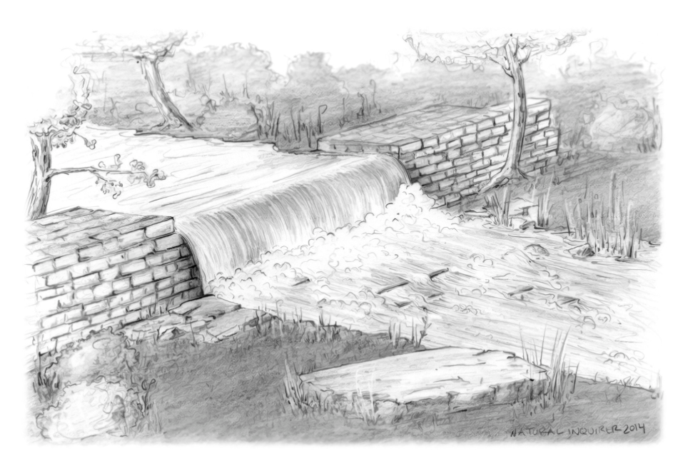 An illustration of a river with a dam