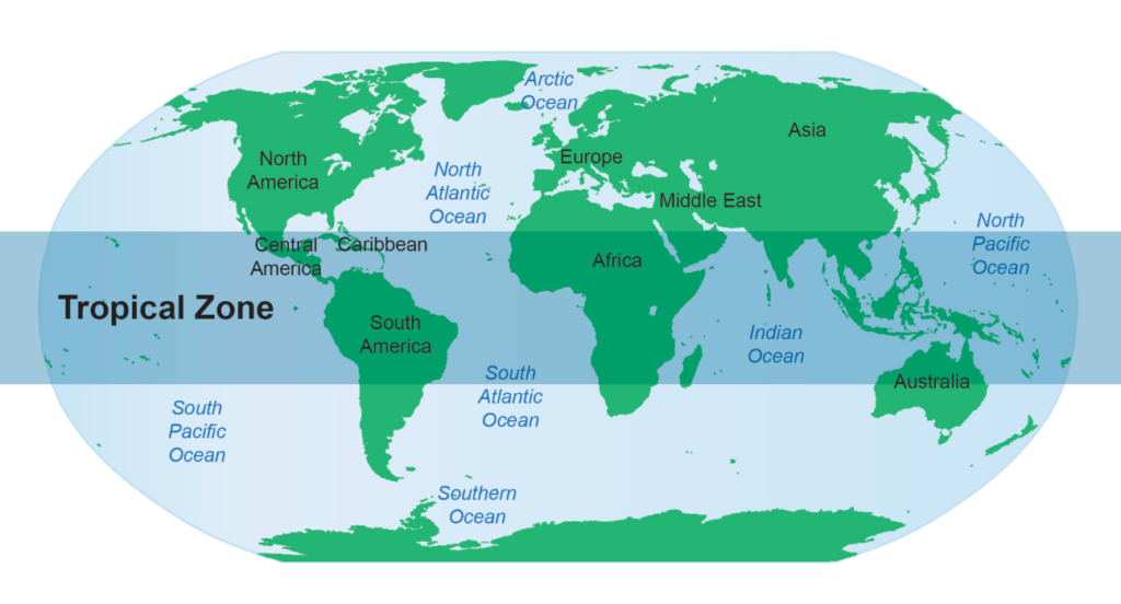 A map of the world; the tropical zone around the equator is highlighted in a darker blue.