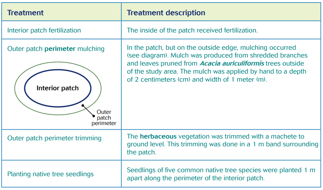 A table showing the different types of forest patch treatments