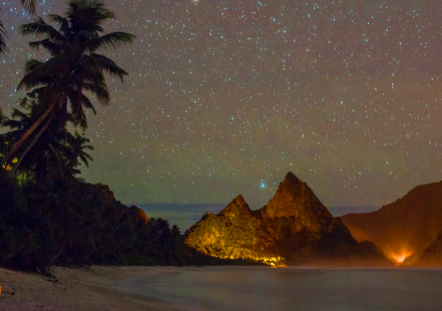 A beach at night under a starry sky