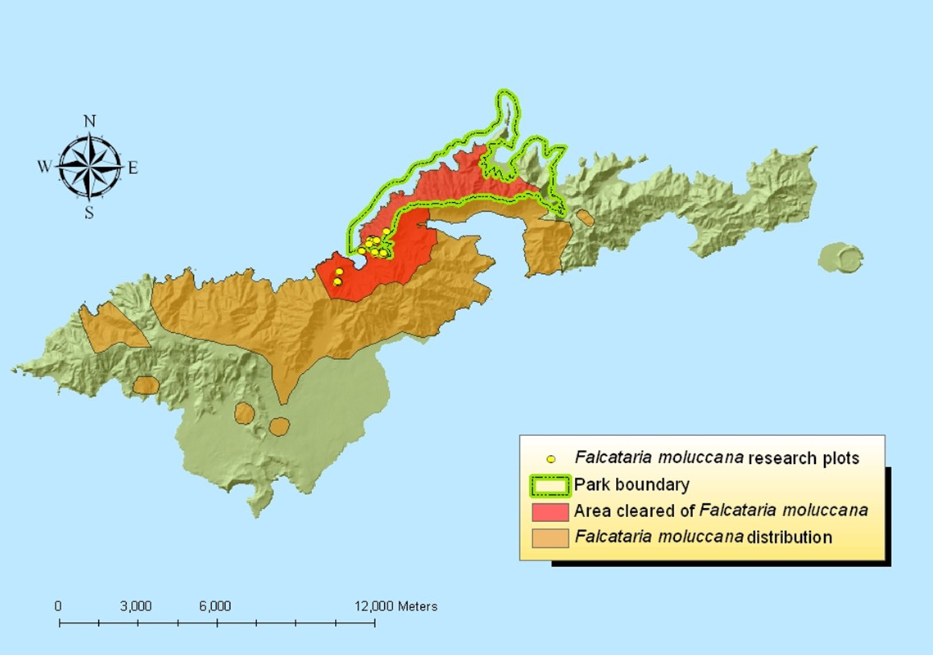 A map showing American Samoa and the boundaries of the national park, the area where tamalagi trees had been eradicated, and the previous range of tamalgi trees on the island.