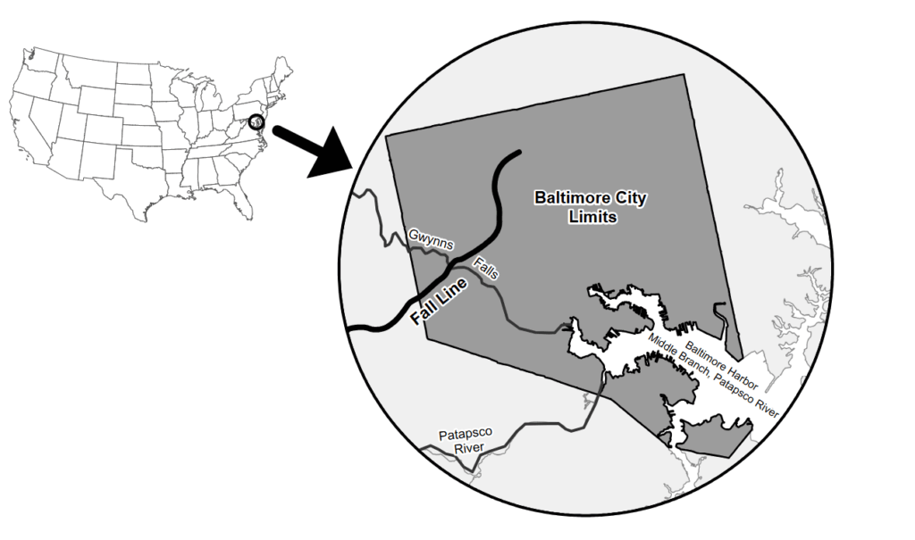 A map of America with the Baltimore Harbor