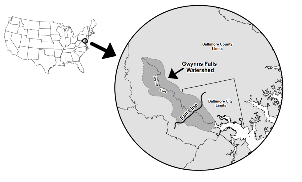 A map of America with the Gwynns Falls watersehd magnified