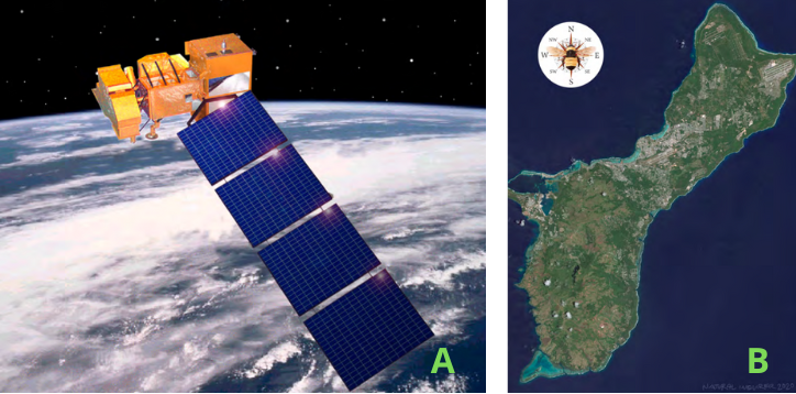 The illustration on the left shows a Landsat satellite orbiting Earth. The photo on the left is a Landsat map of Guam.