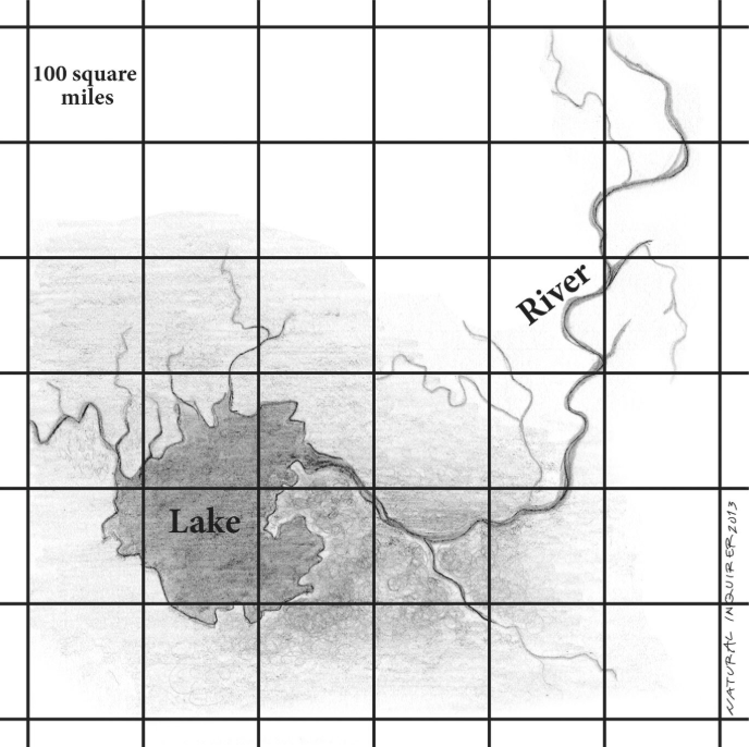 An illustration of a lake, river, and surrounding land with a grid overlayed