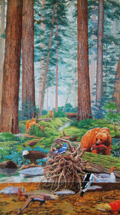Illustration of forest in Alaska featuring several woodland creatures