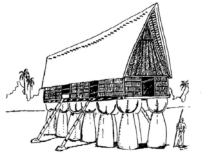 An illustration of a long house raised on wide, two-piece, stone pillars.